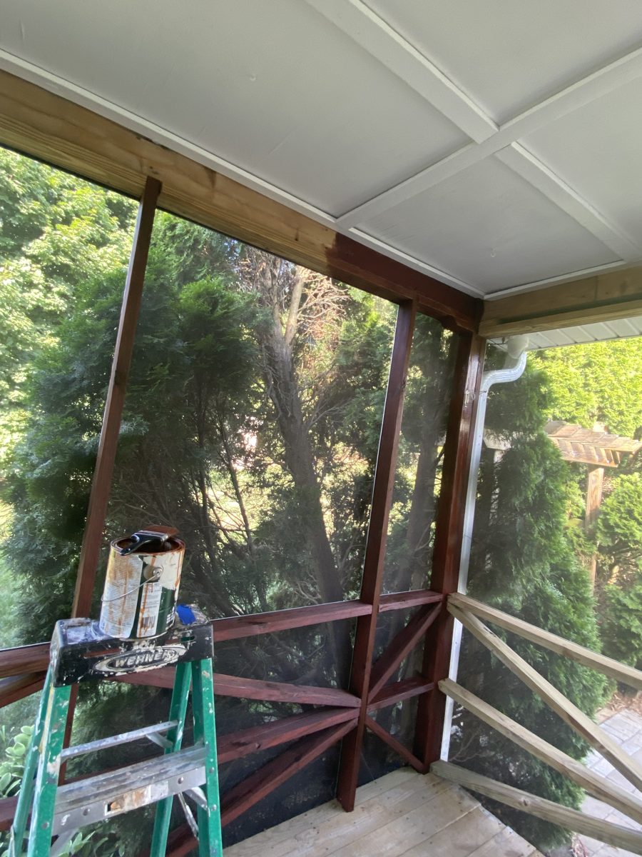 Screened porch with refinished woodwork